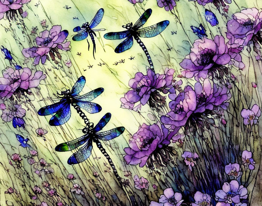 Dragonflies with iridescent wings in watercolor among purple flowers and greenery.