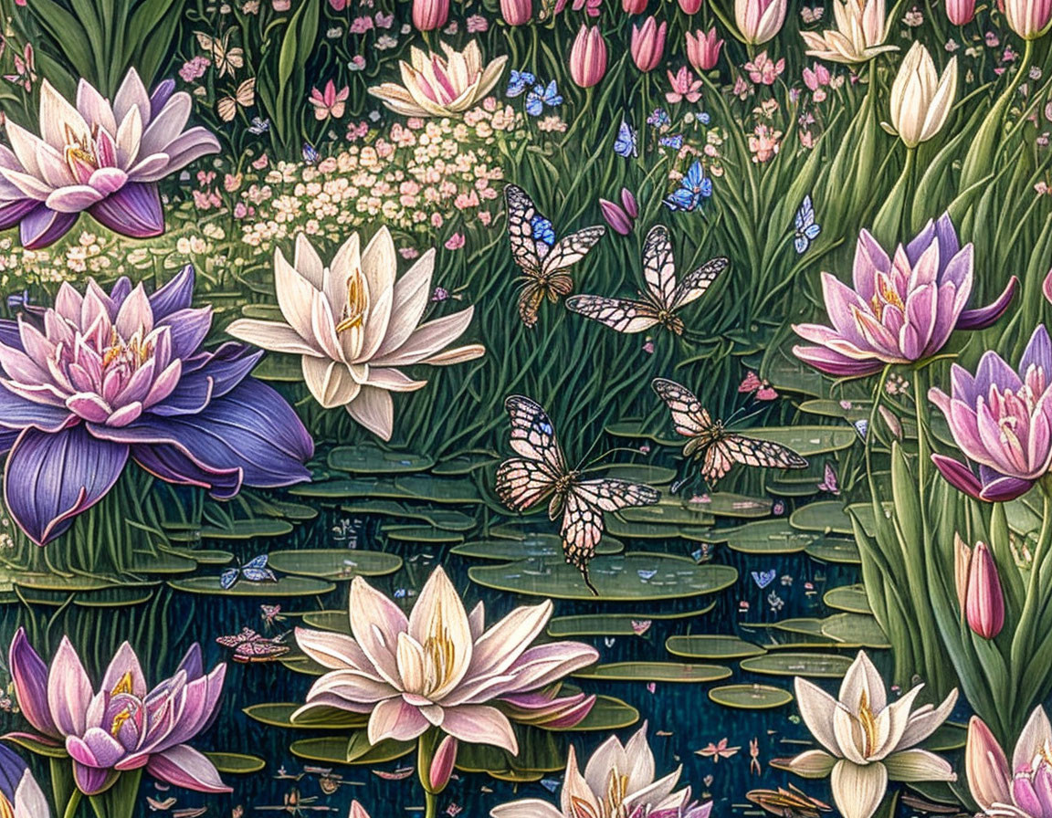 Detailed illustration of blooming lotuses, leaves, butterflies, and flowers