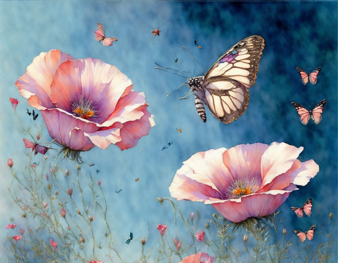 Delicate pink poppies and butterflies in watercolor art