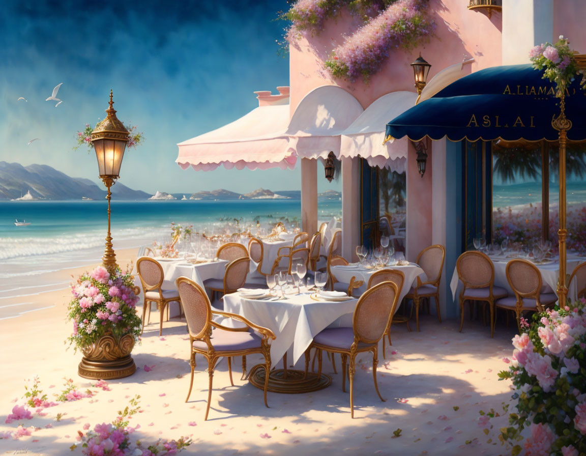 Elegant seaside dining area with umbrellas, pastel building, and serene beach view