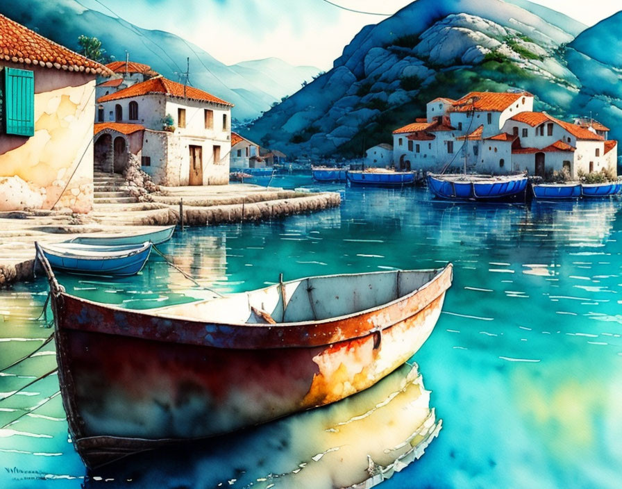 Tranquil seaside village watercolor painting with boats and colorful buildings