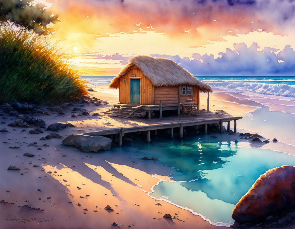 Tranquil sunset beach scene with thatched hut, calm water, rocks, vibrant sky colors.