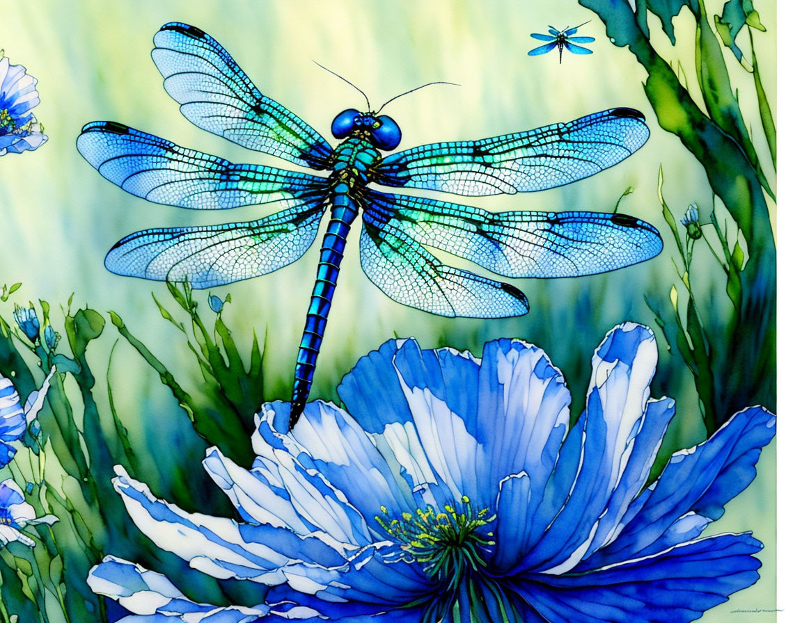 Colorful Blue Dragonfly on Flower with Flying Insect in Green Foliage