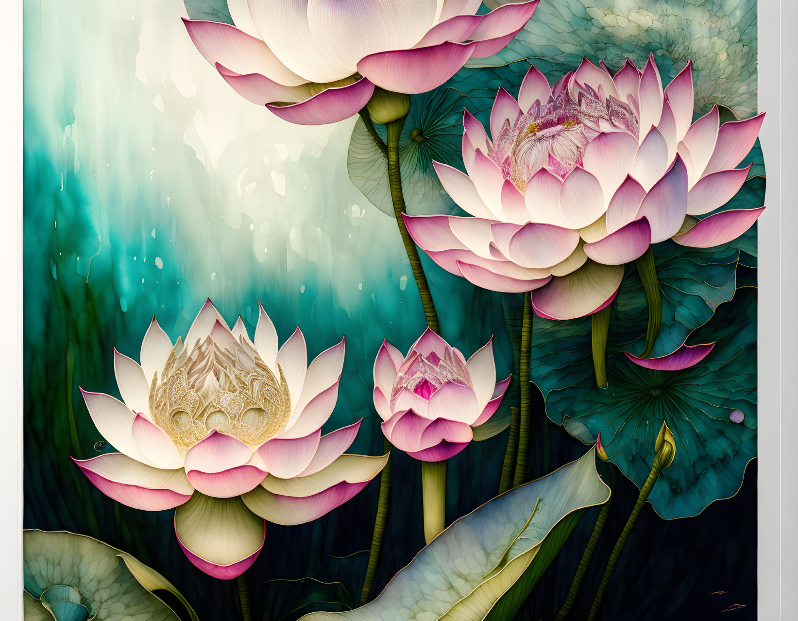 Colorful digital artwork featuring vibrant lotus flowers against a blue-green water backdrop