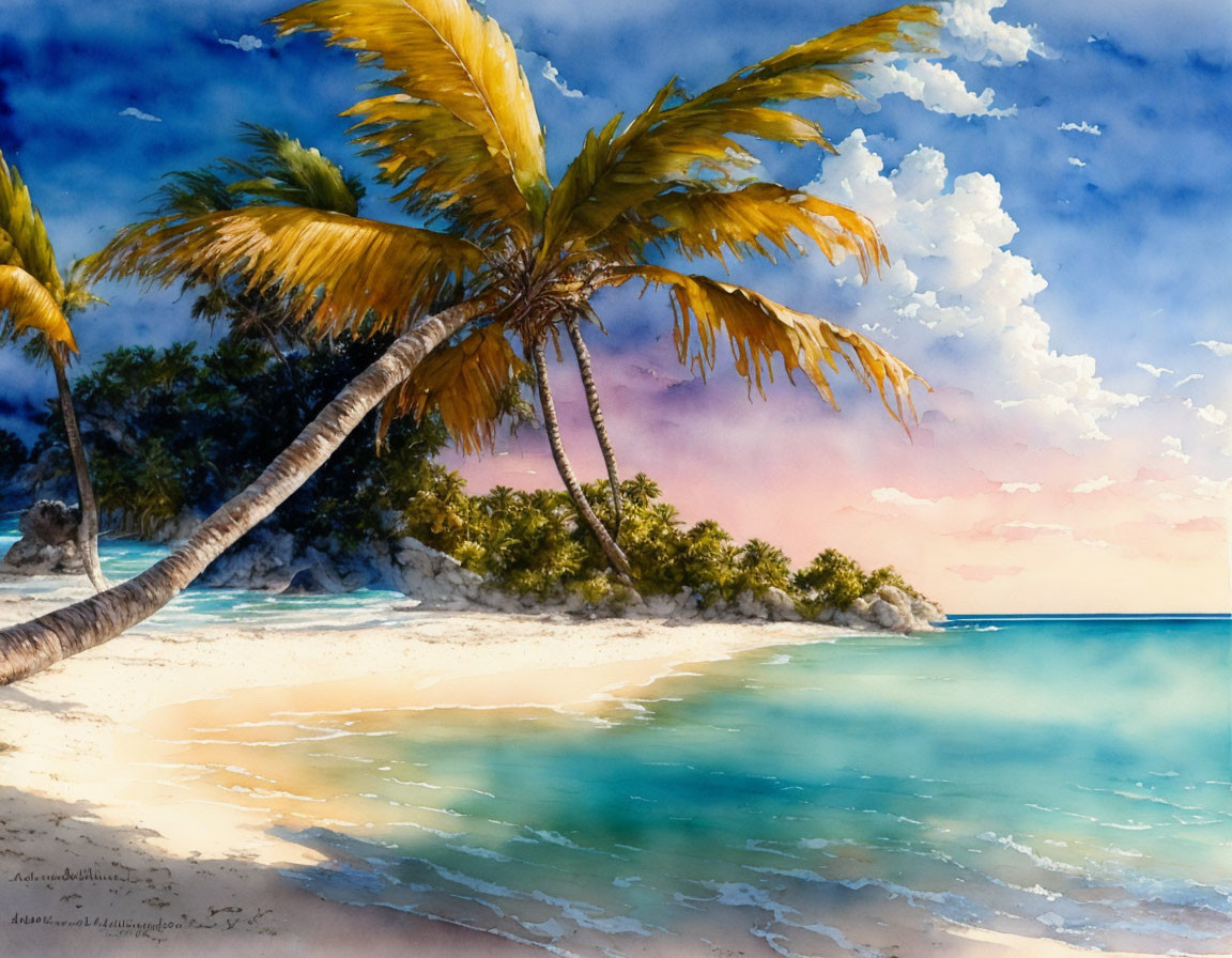 Tranquil beach scene with palm trees, clear blue water, and colorful sky at sunrise.