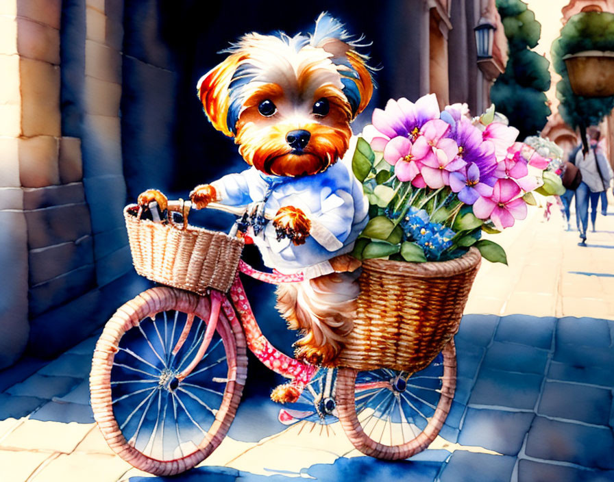 Yorkshire Terrier Dog on Pink Bicycle with Flowers Basket