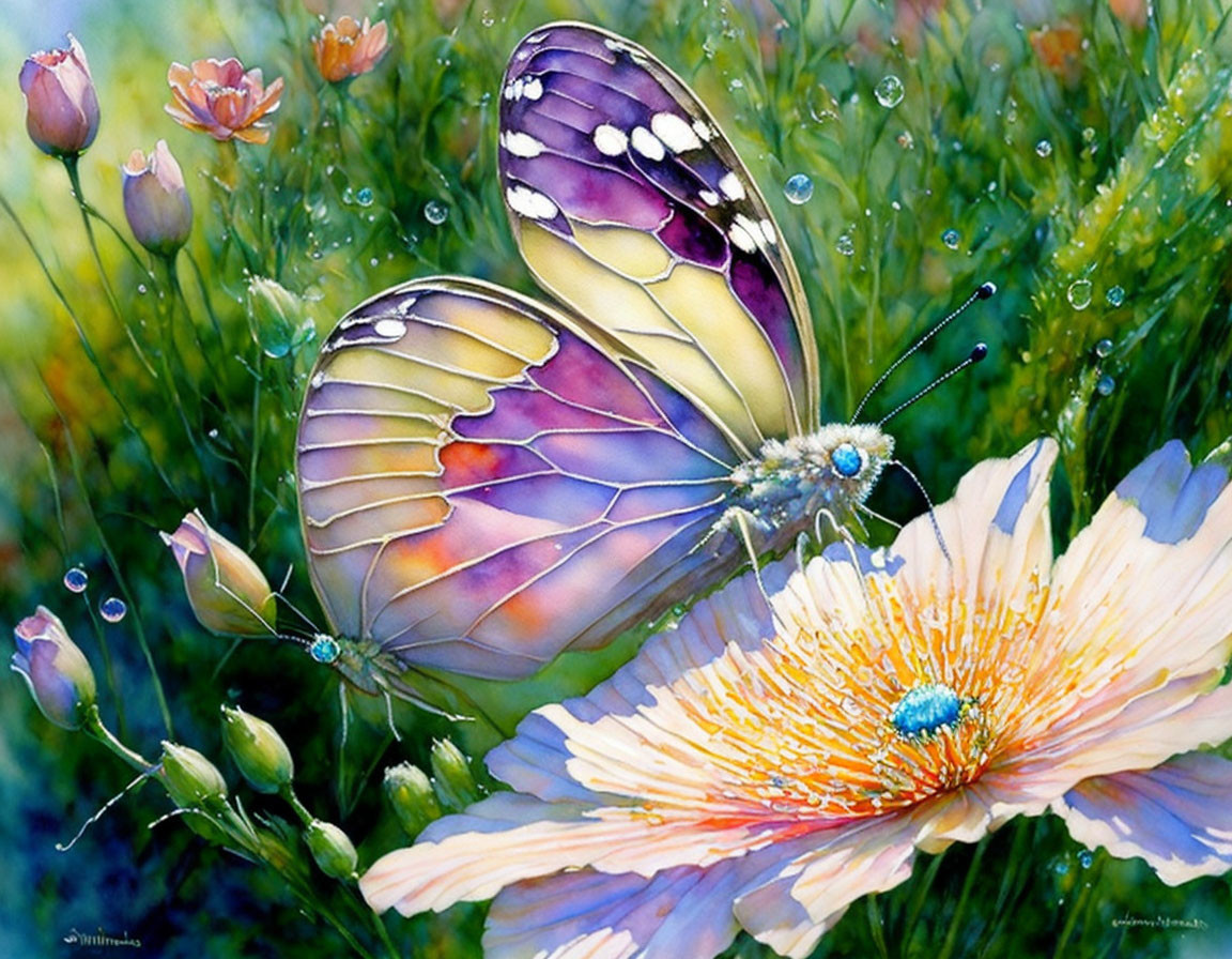 Colorful watercolor painting of butterfly on pink flower in lush greenery