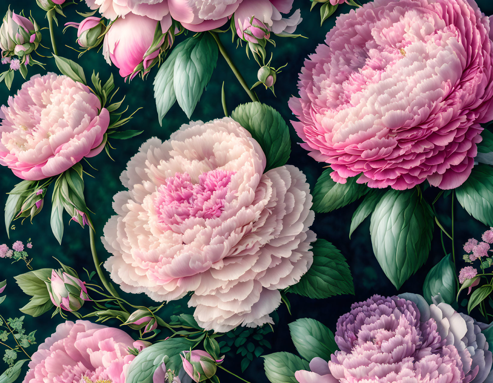 Colorful Pink and White Peonies with Green Leaves and Background Flowers