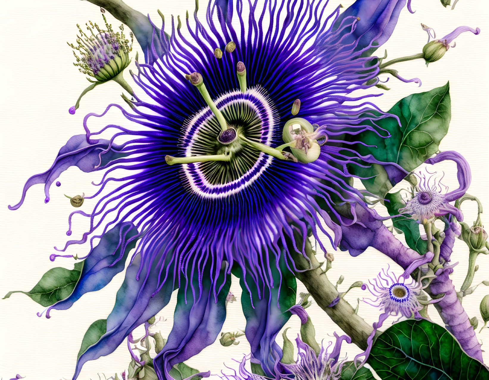 Detailed Purple Passion Flower Illustration with Stamens and Buds