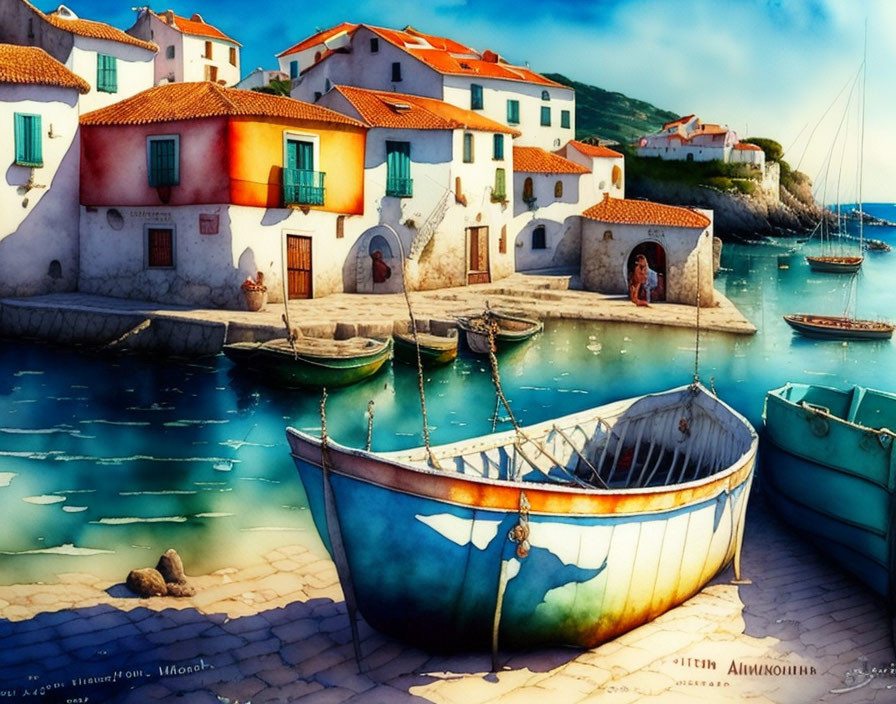 Colorful Coastal Village Painting with Dragonfly Boat