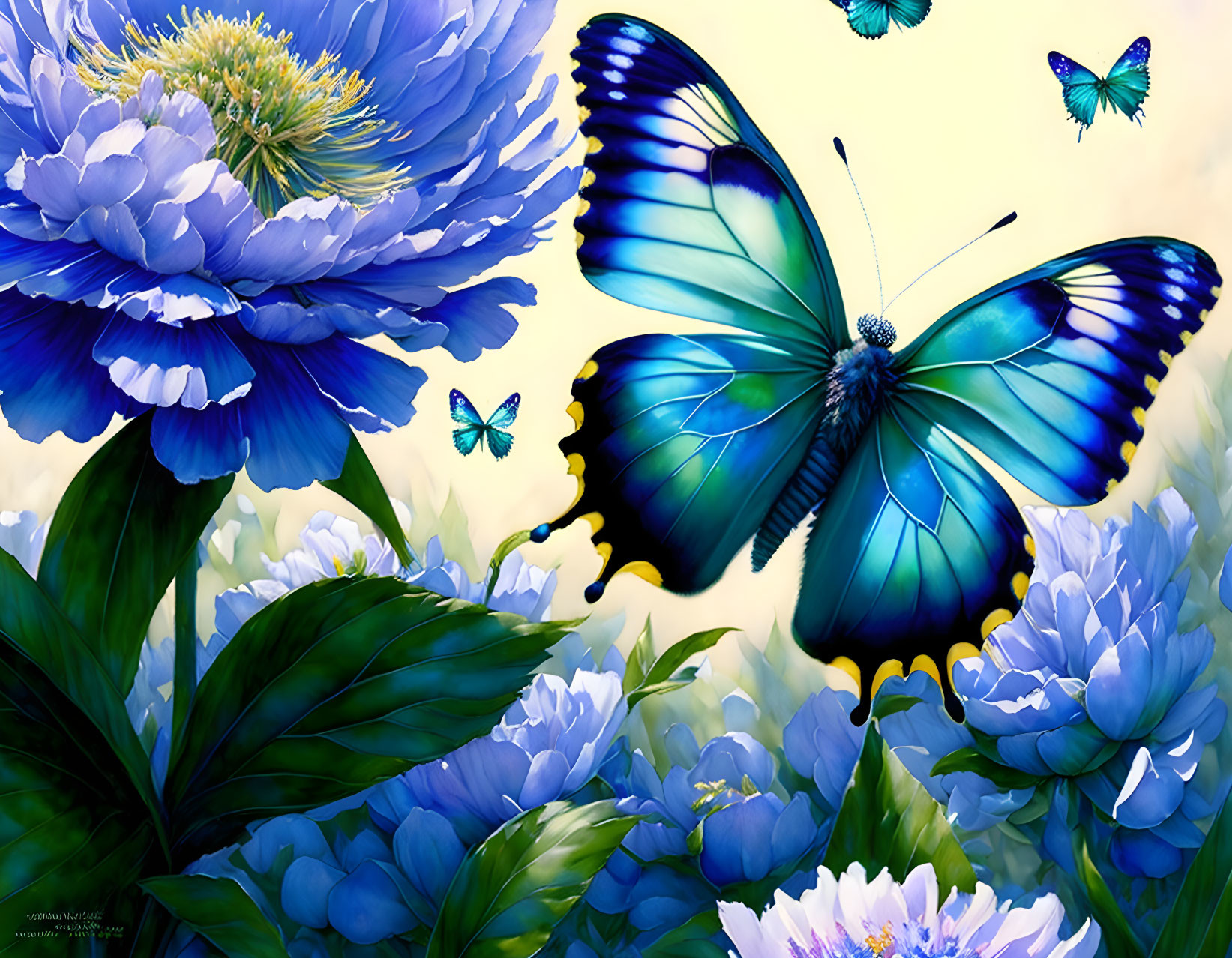 Colorful digital artwork: Large blue butterfly on peony flowers under soft light