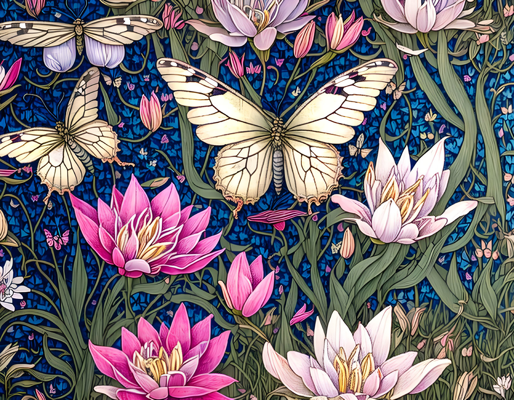 Detailed illustration of white butterflies, pink lotus flowers, blue and green foliage