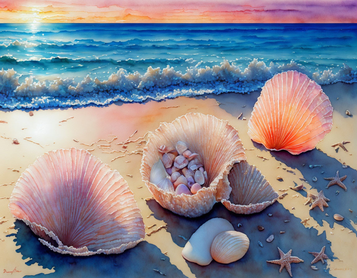 Colorful Beach Sunset with Seashells and Starfish