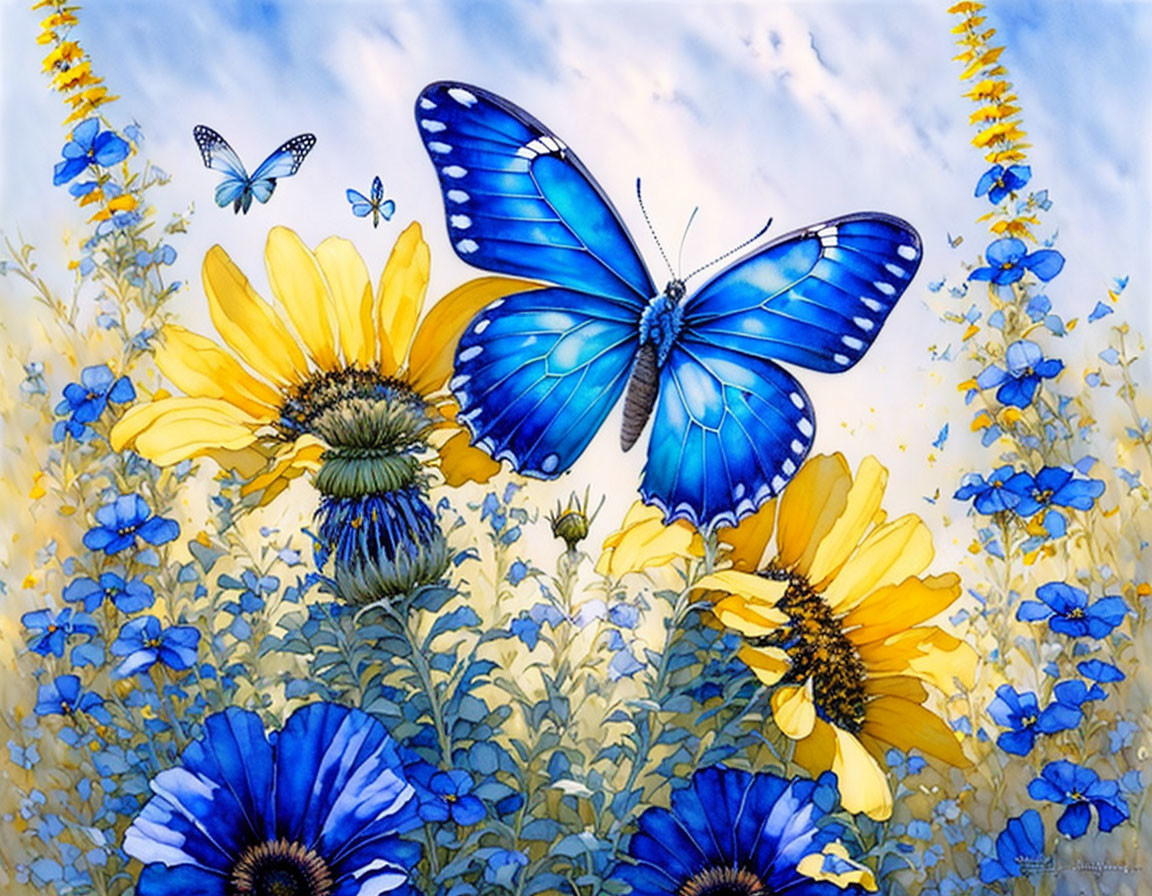 Colorful Butterfly and Sunflower Illustration with Blue Flora