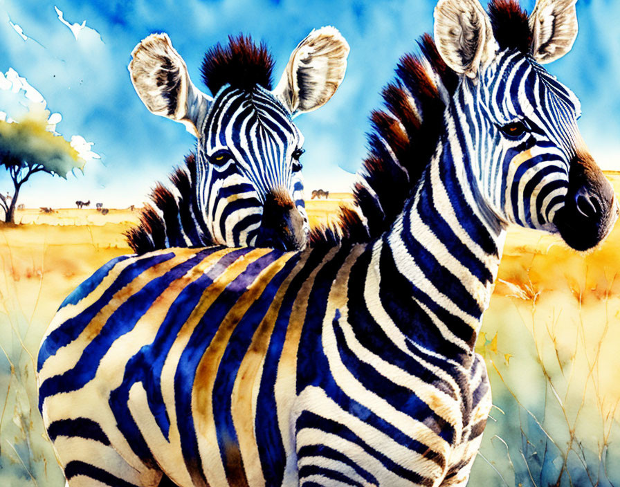 Striped zebras in savanna under blue sky with sparse trees