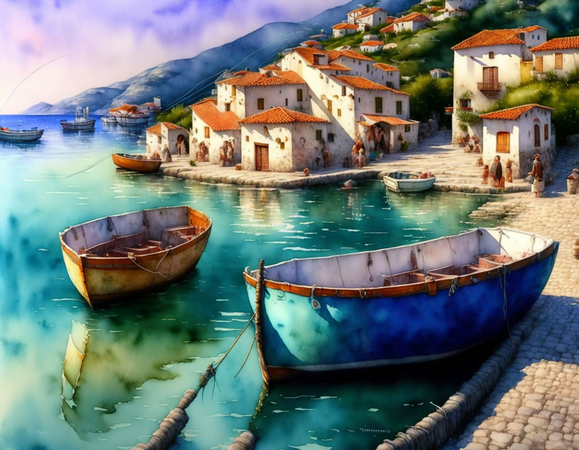 Scenic coastal village: white houses, blue boats, sunny sky