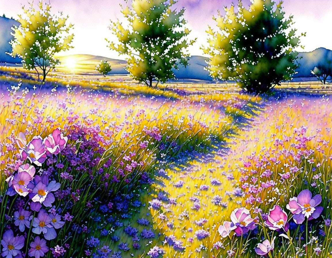 Colorful wildflower meadow painting with pink and purple blooms under golden sunlight