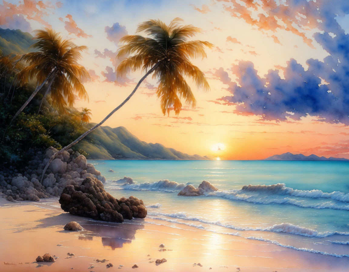 Tranquil Tropical Beach Sunset with Palm Trees