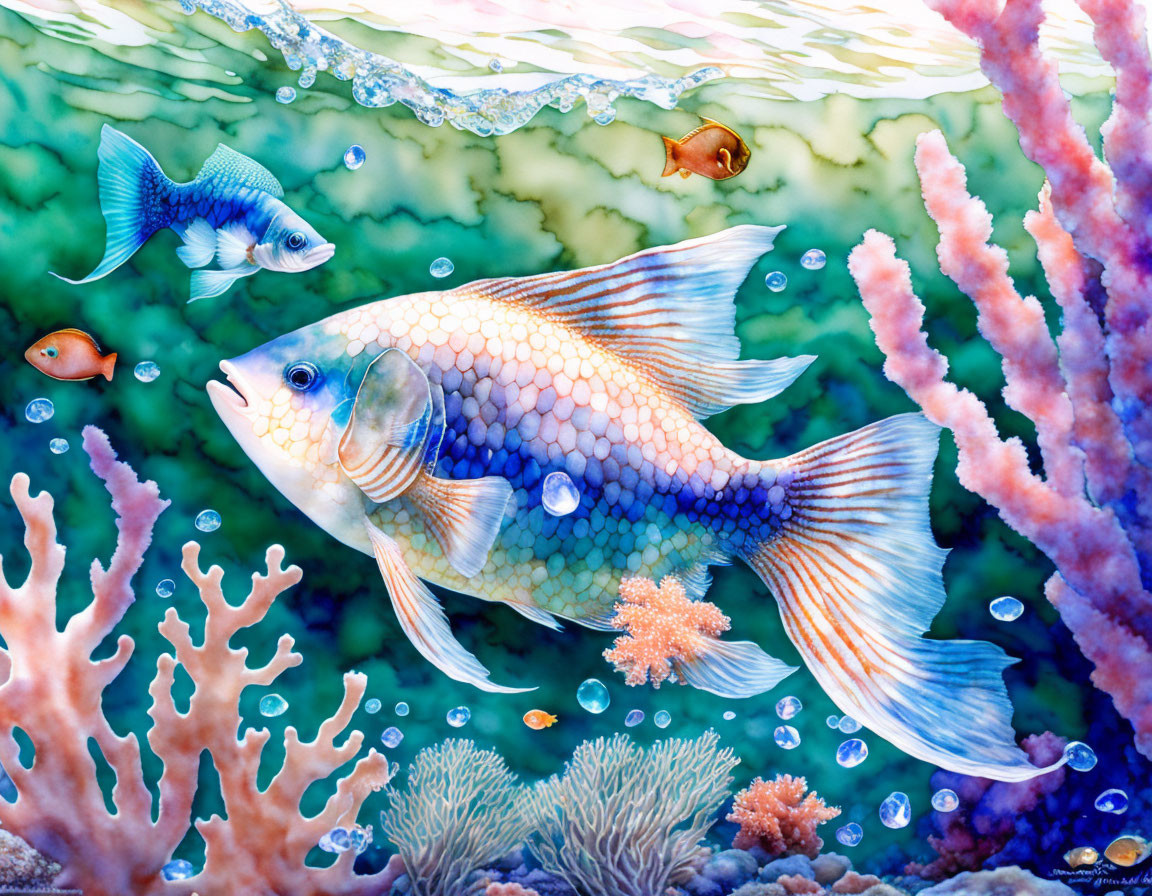 Vibrant underwater scene with large fish, corals, and sea plants