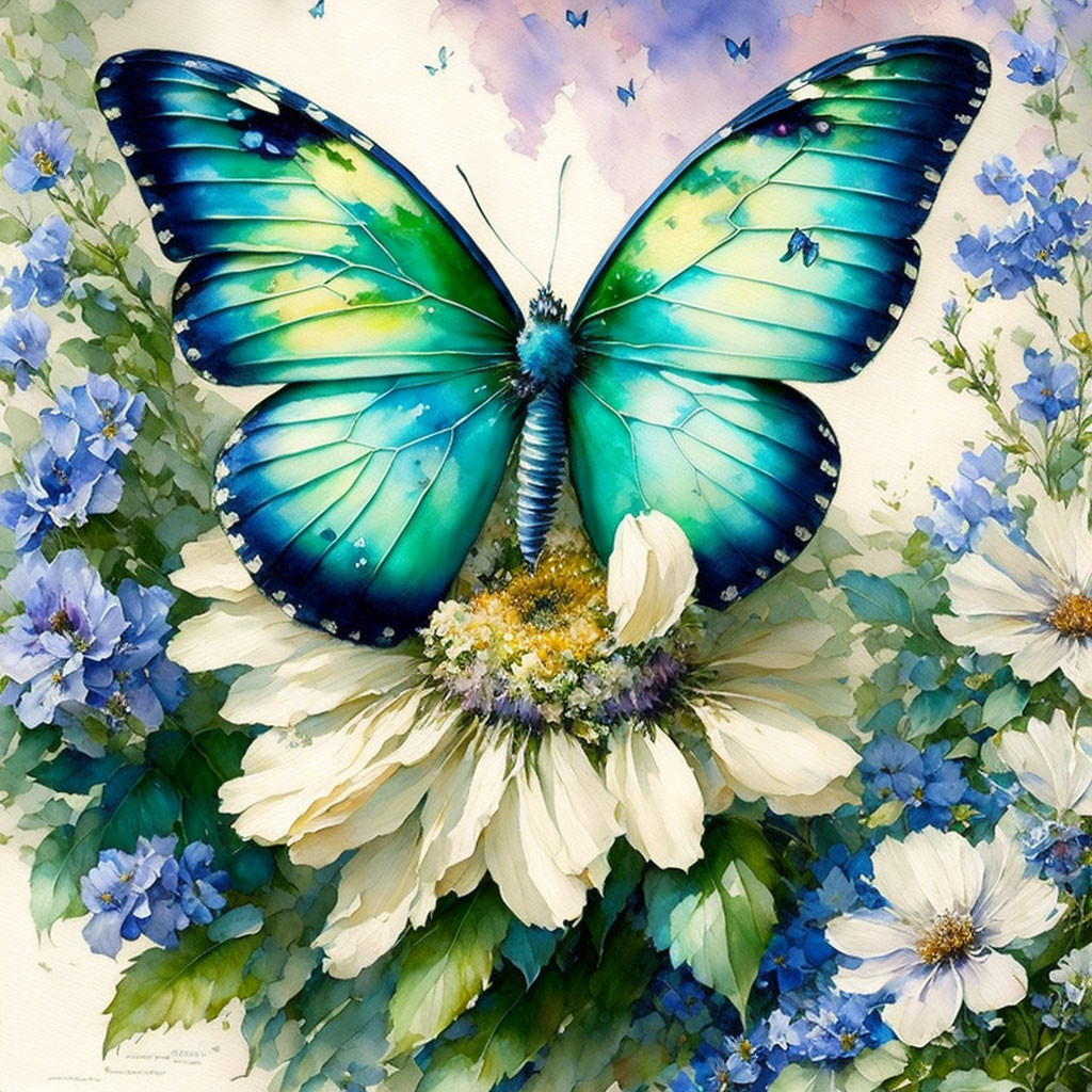 Colorful Butterfly Painting with Flowers on Blue Background