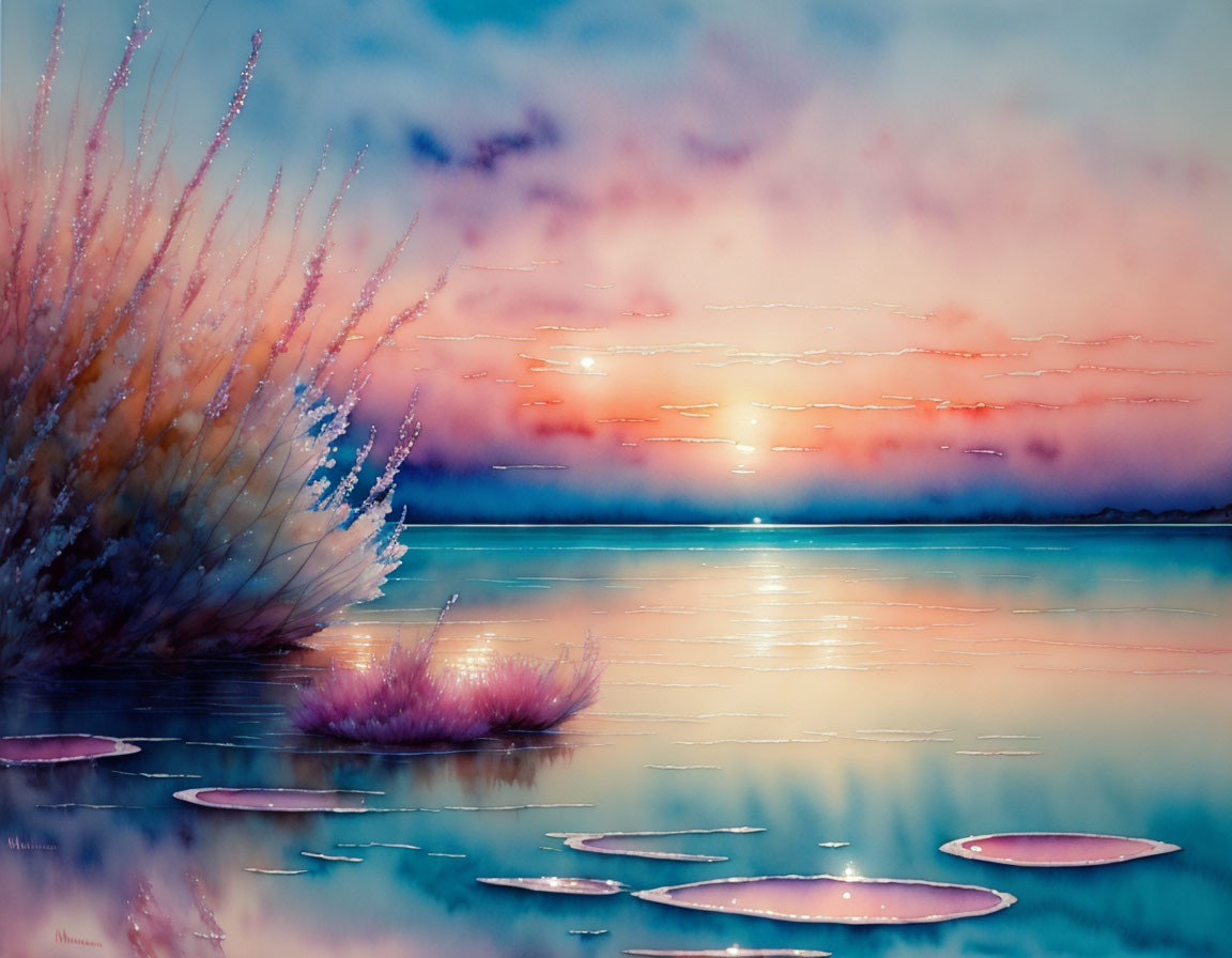 Tranquil sunset landscape with water lilies and foliage