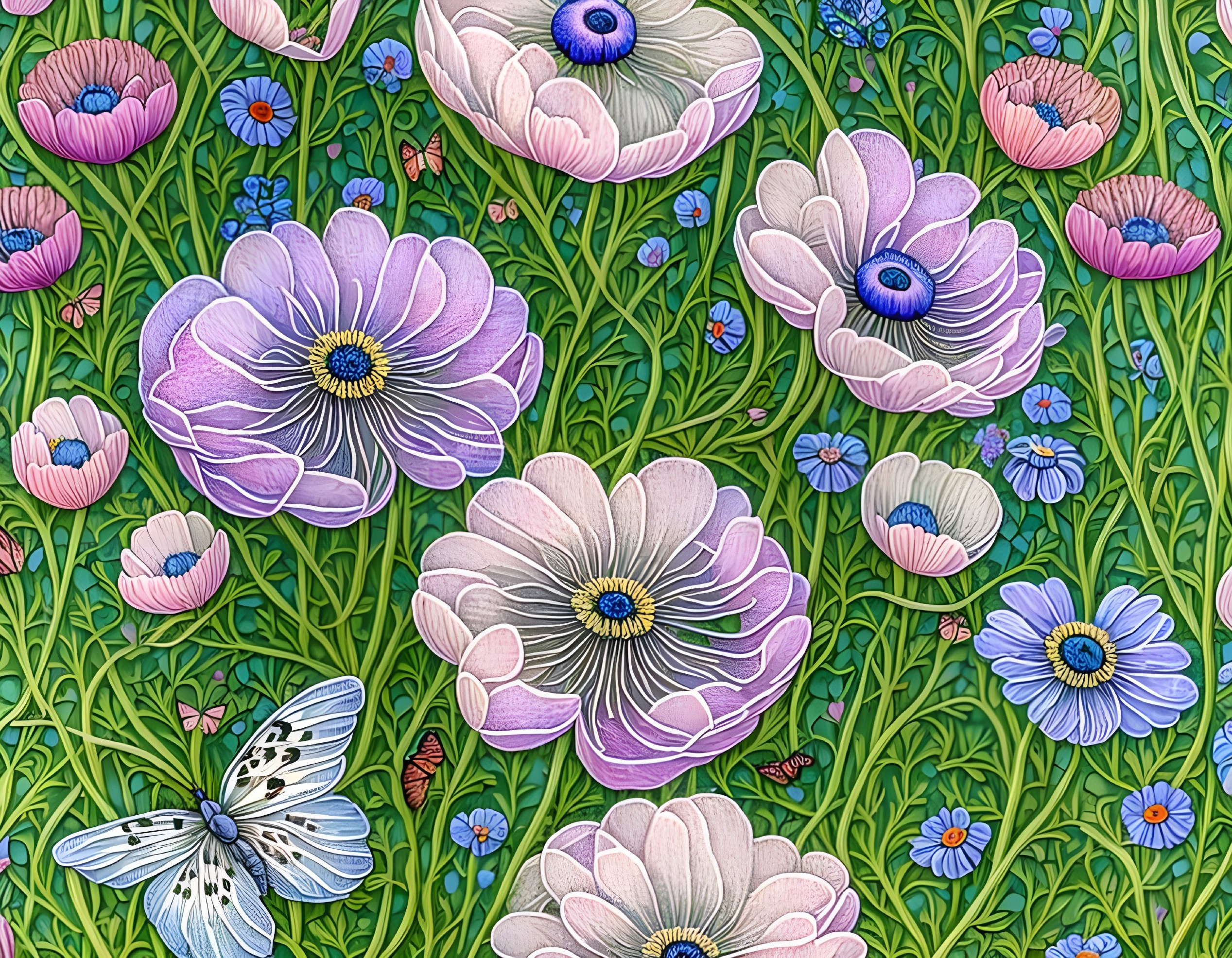 Colorful garden illustration with anemone flowers, blue blossoms, foliage, and a butterfly