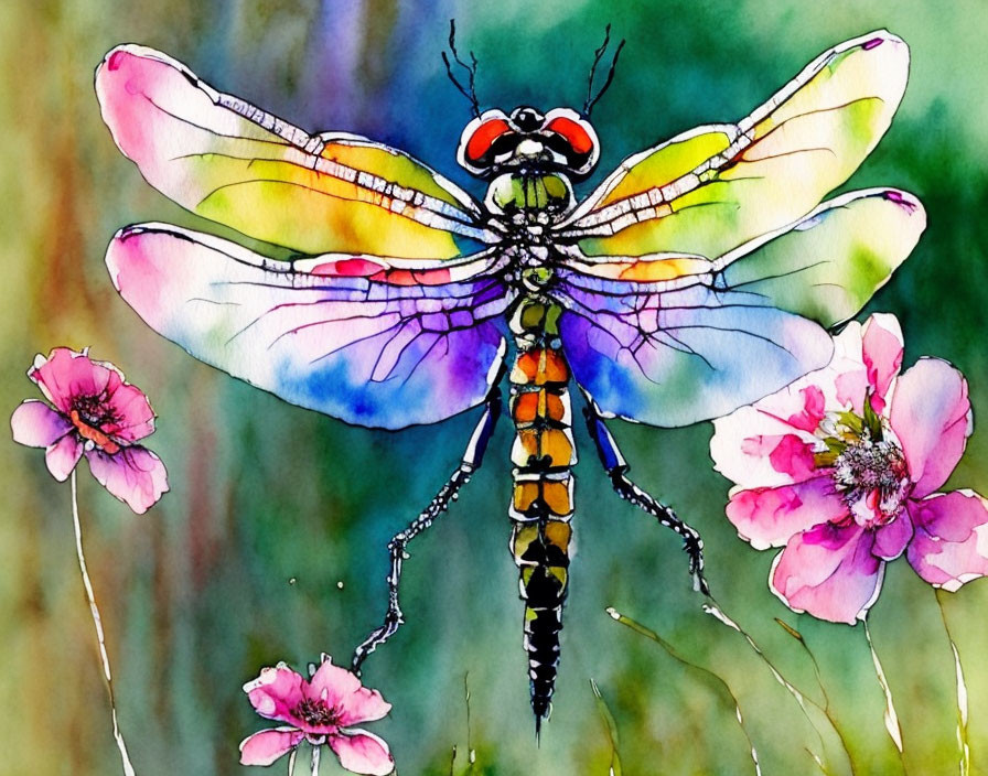 Colorful Dragonfly Painting Near Pink Flowers on Green Background