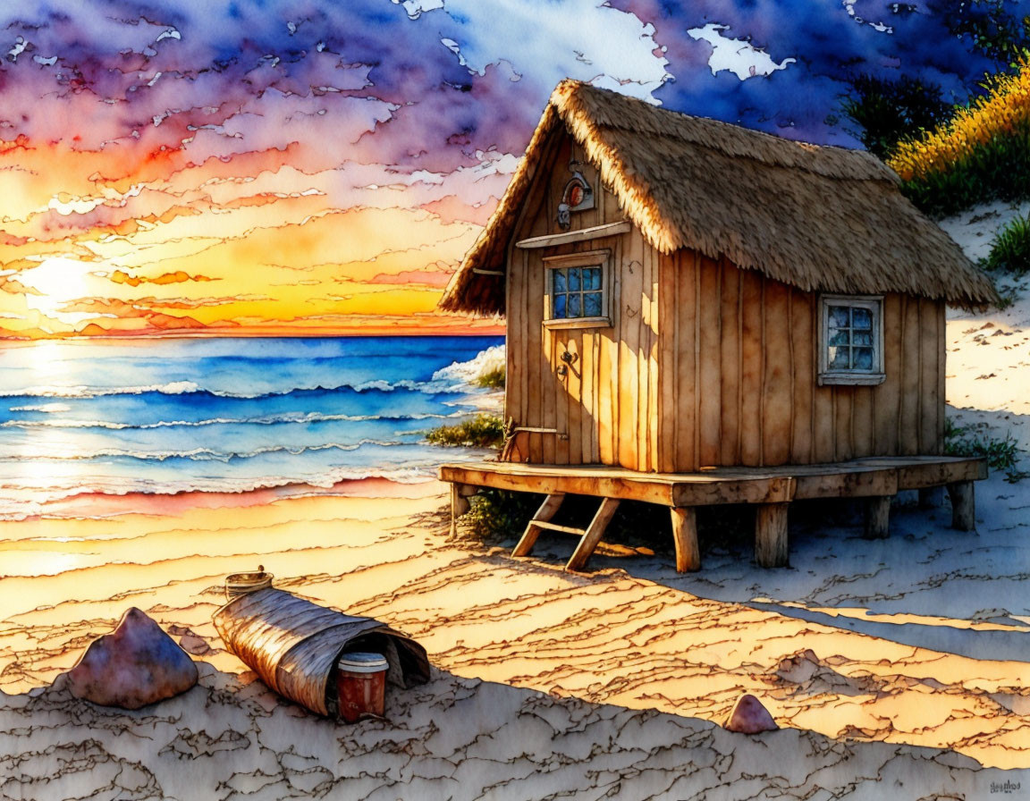 Picturesque Beach Scene with Wooden Hut and Colorful Sunset Sky