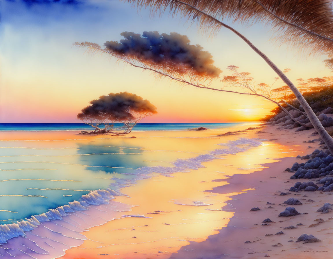 Tranquil Sunset Beach Scene with Palm Tree and Vibrant Colors