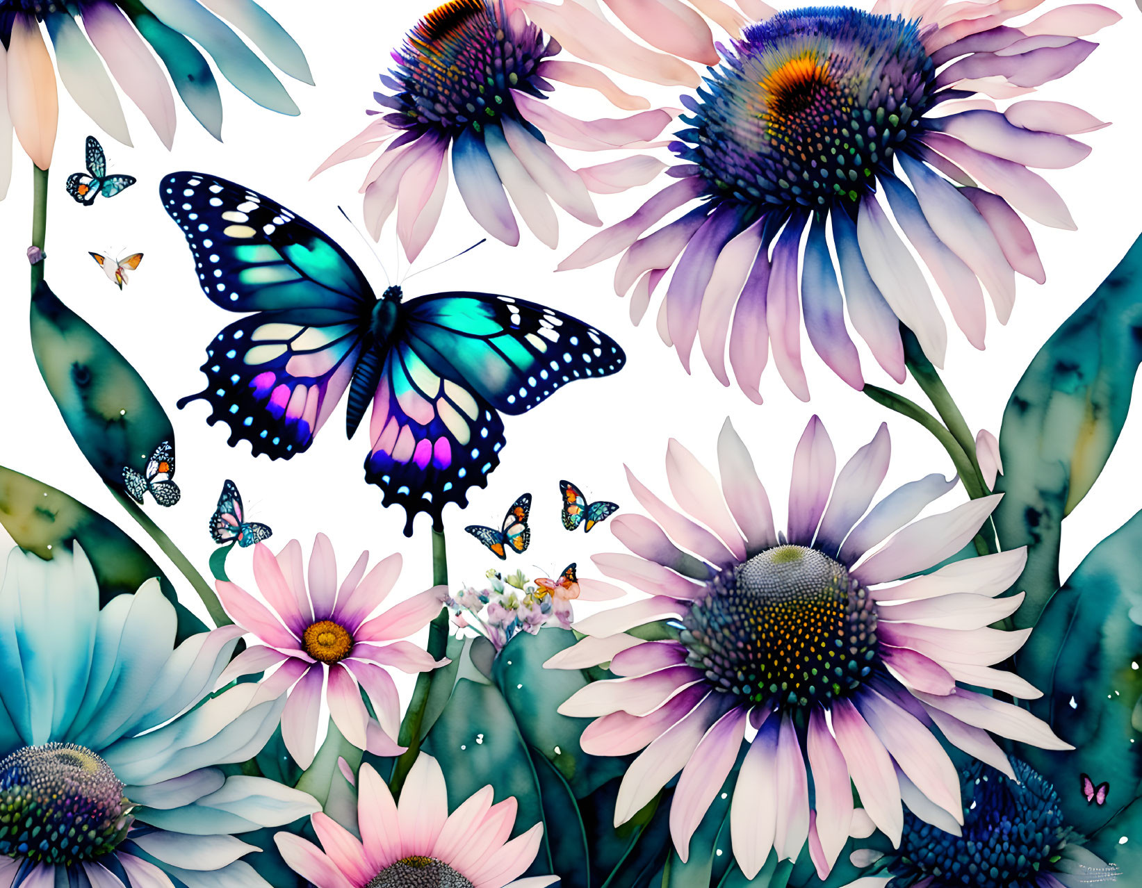 Vibrant butterfly and daisy artwork in pastel hues