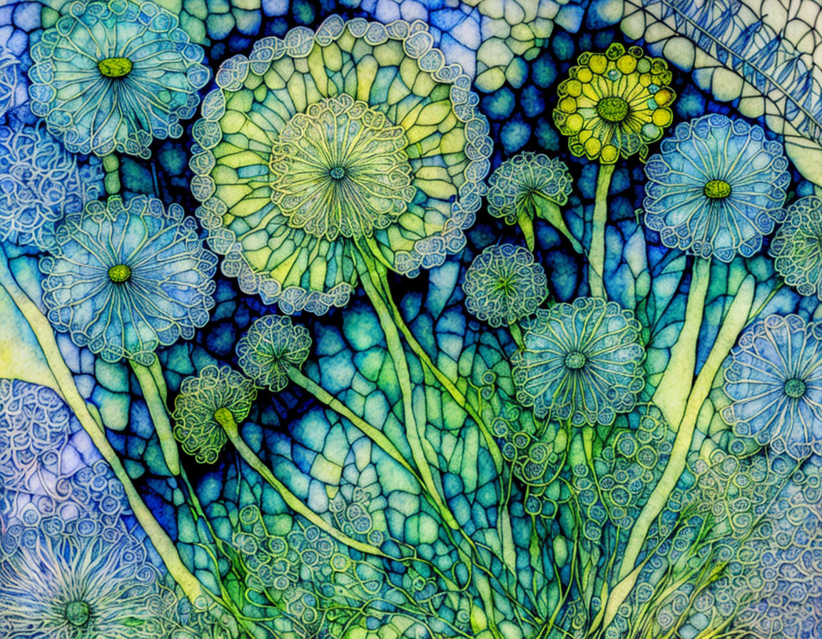 Floral illustration with blue and green patterns reminiscent of plant cells