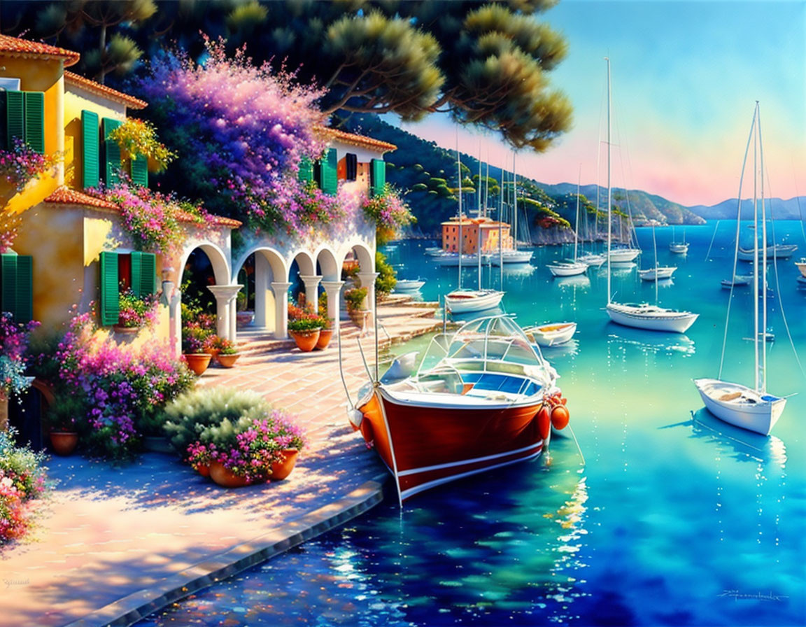 Colorful Coastal Scene: Boats, Villa, Flowers, Sunset Sky