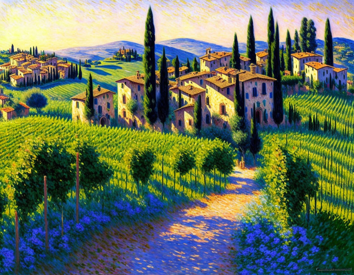 Scenic Tuscan landscape with rolling hills and vineyards