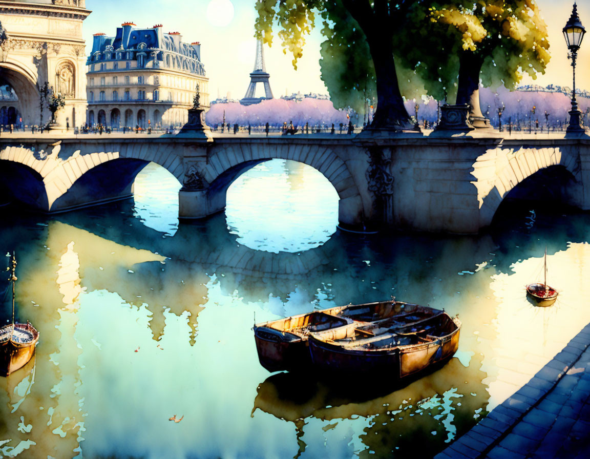 Serene Parisian scene: lone boat on Seine River at sunset