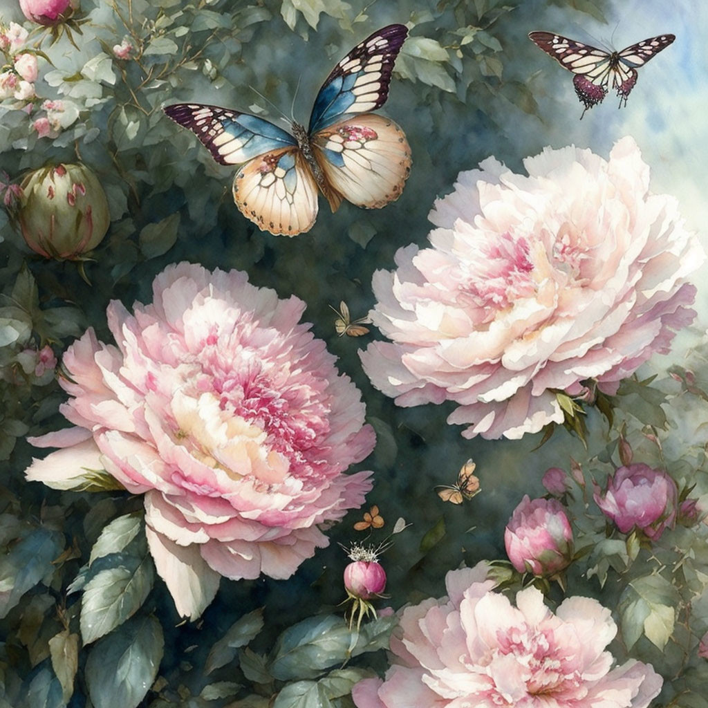 Butterflies and pink peonies in lush greenery scene