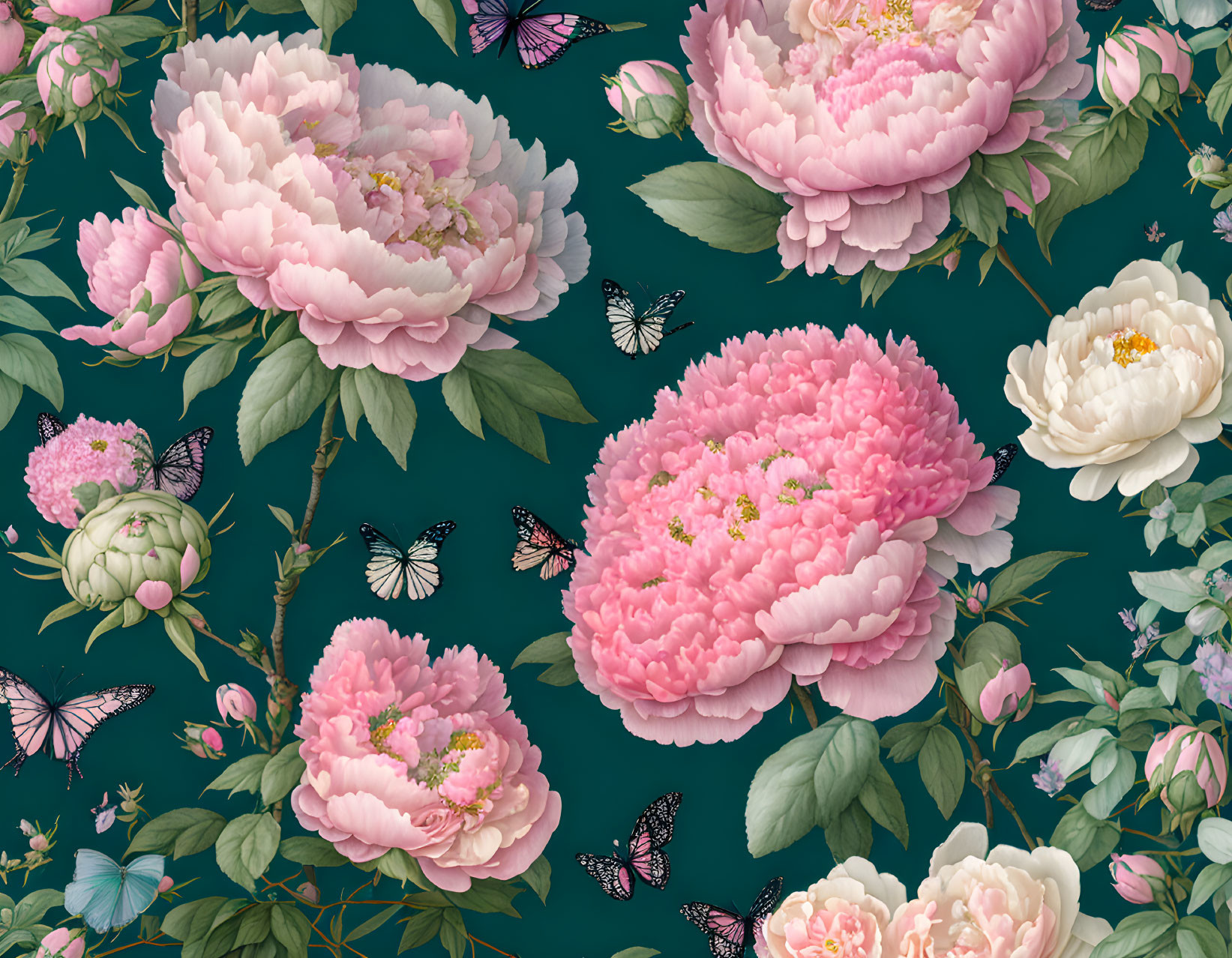 Floral pattern with pink peonies & butterflies on dark teal