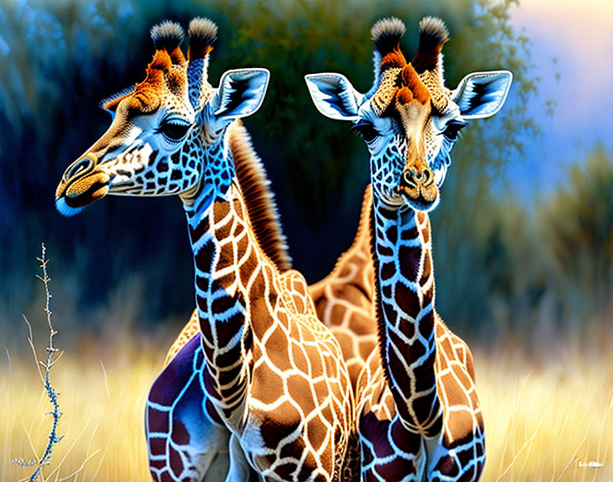 Two giraffes with long necks and patterned coats in a savannah setting.