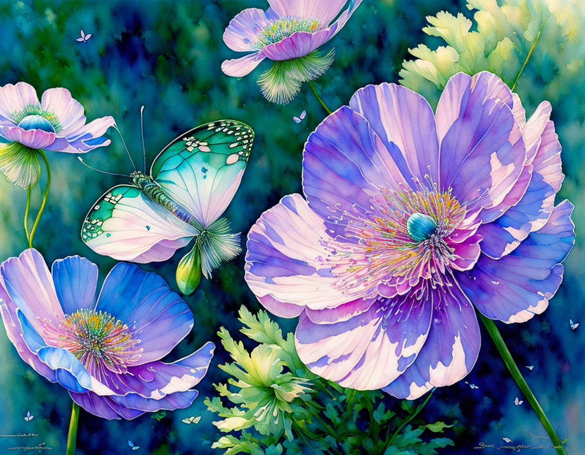 Detailed purple flower painting with butterfly on green and blue background