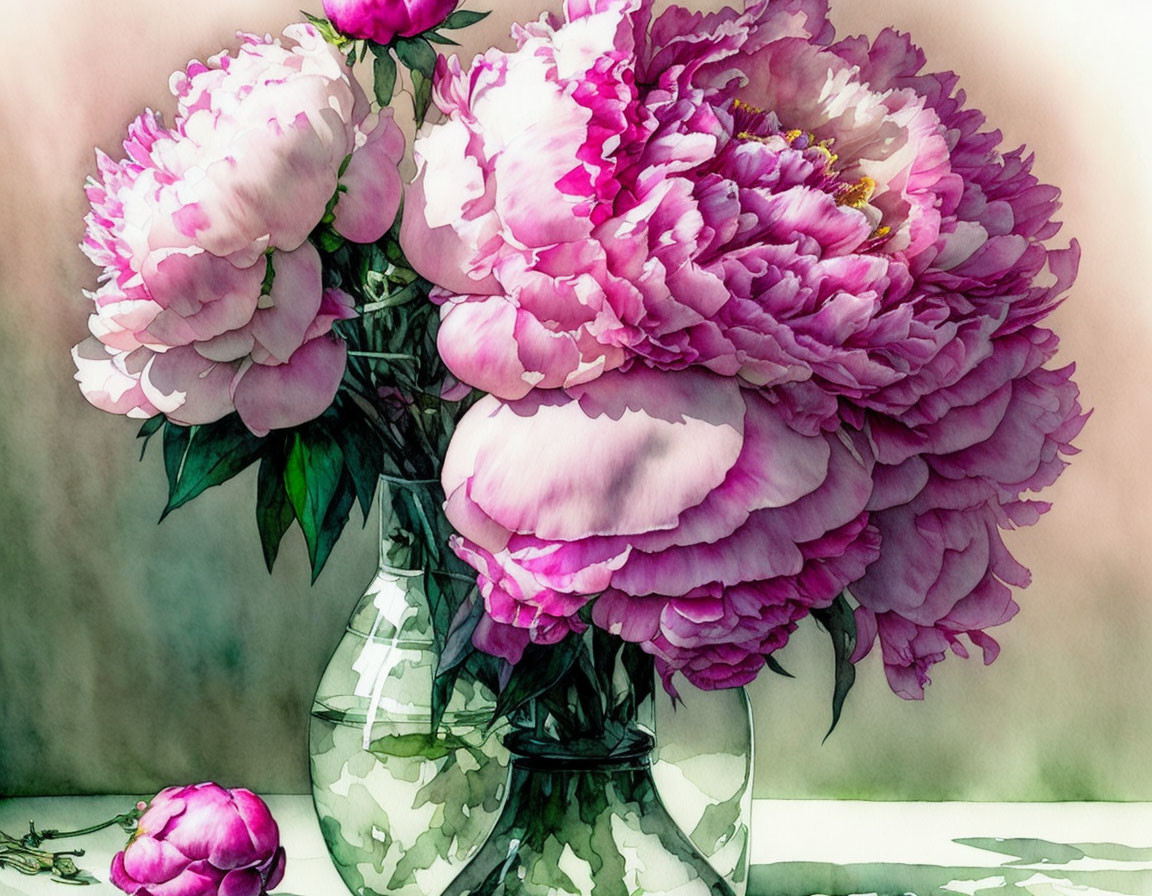 Pink peonies bouquet in clear glass vase on tabletop with soft lighting