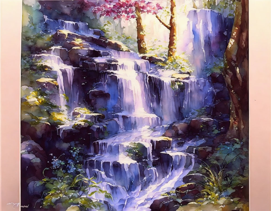 Sunlit waterfall painting with lush forest and pink blossoms