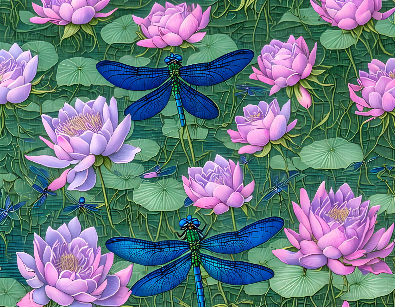 Colorful dragonflies and lotus flowers in a pond scene