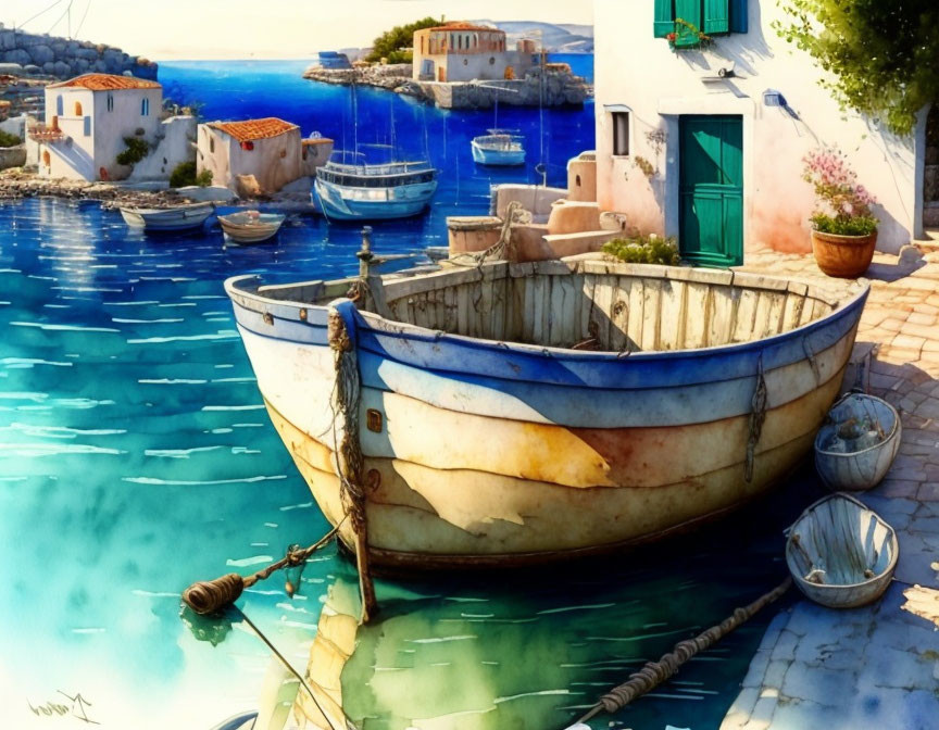 Coastal Scene: Weathered Boat, Turquoise Waters, Yachts, Sunlit Houses