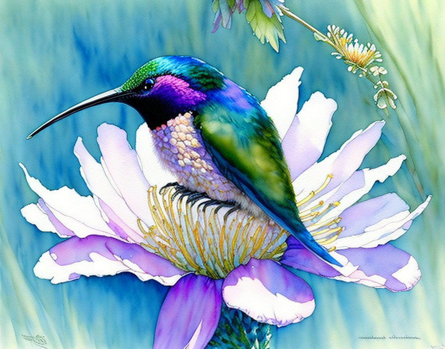 Colorful Hummingbird on White Flower in Blue Background