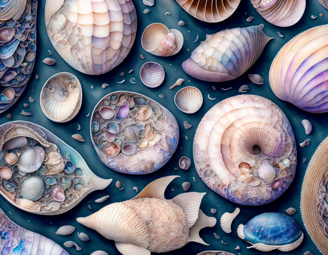 Detailed sea shells, fish, and stones on dark teal background