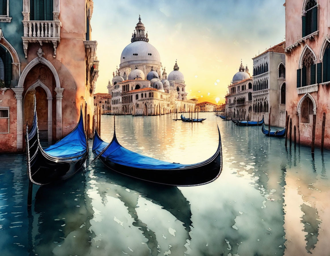 Venice Gondolas on Canal at Sunset with Cathedral Dome