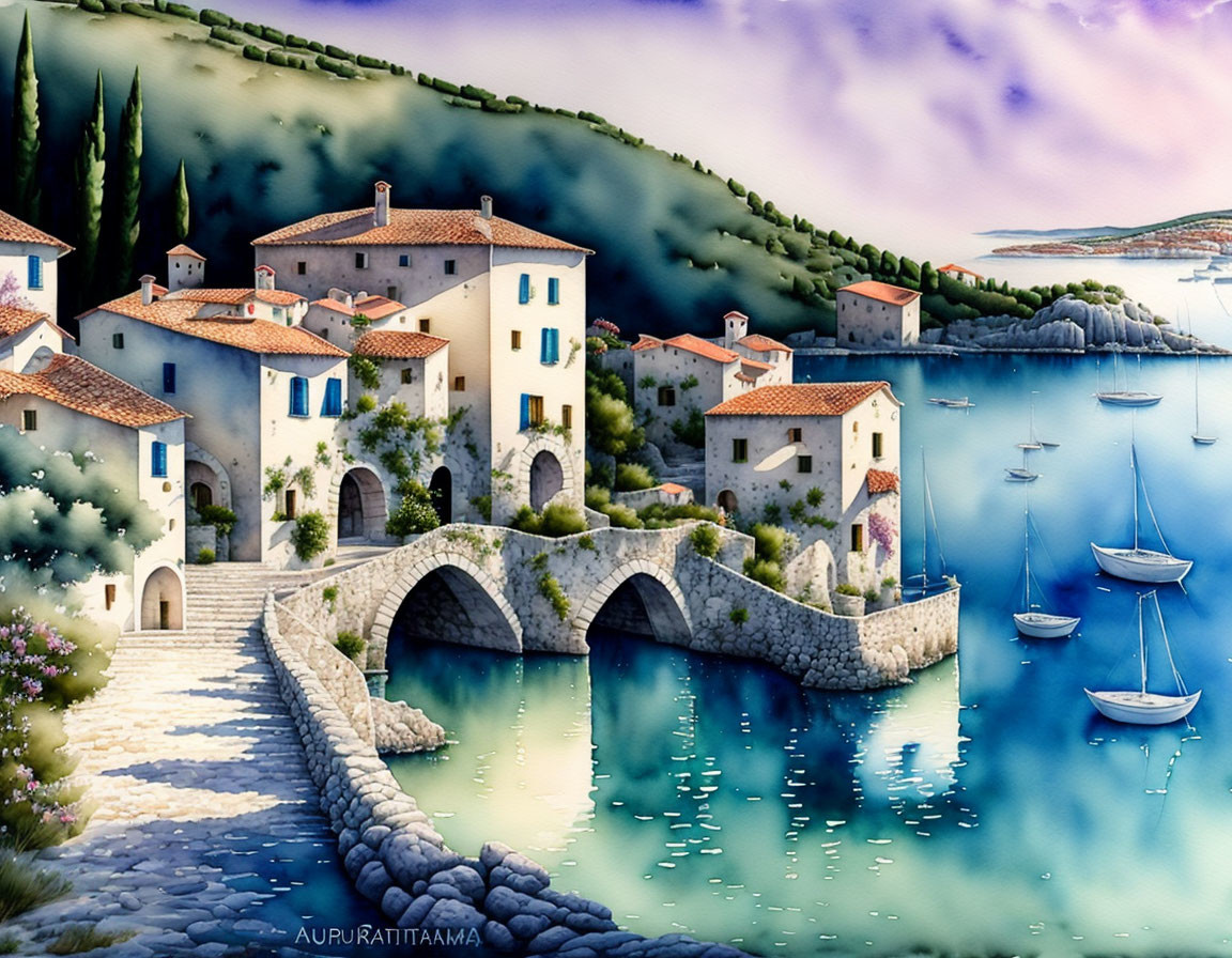 Tranquil waterfront village with white houses and sailboats