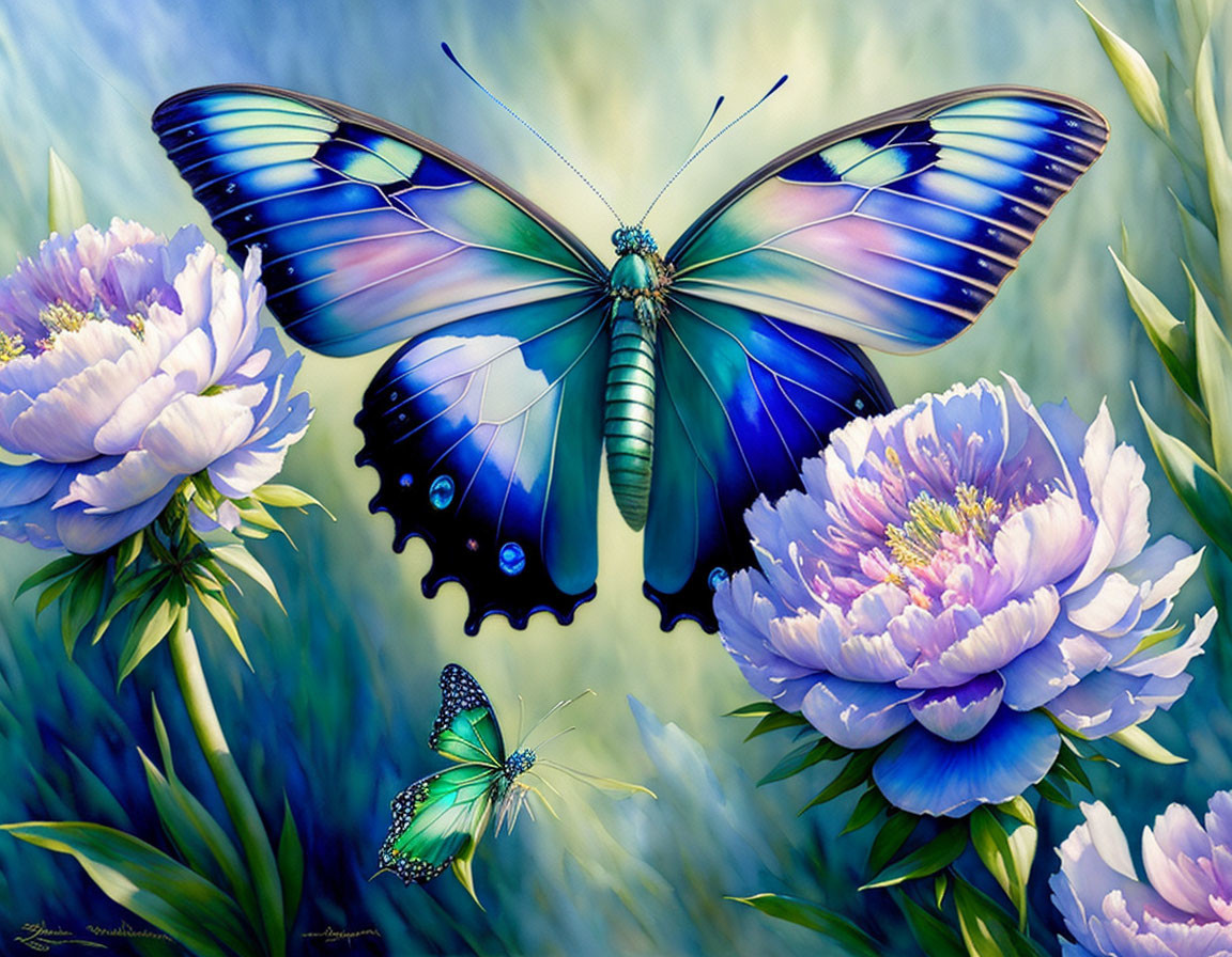 Colorful painting of a large blue butterfly on purple flowers with a smaller butterfly and lush greenery