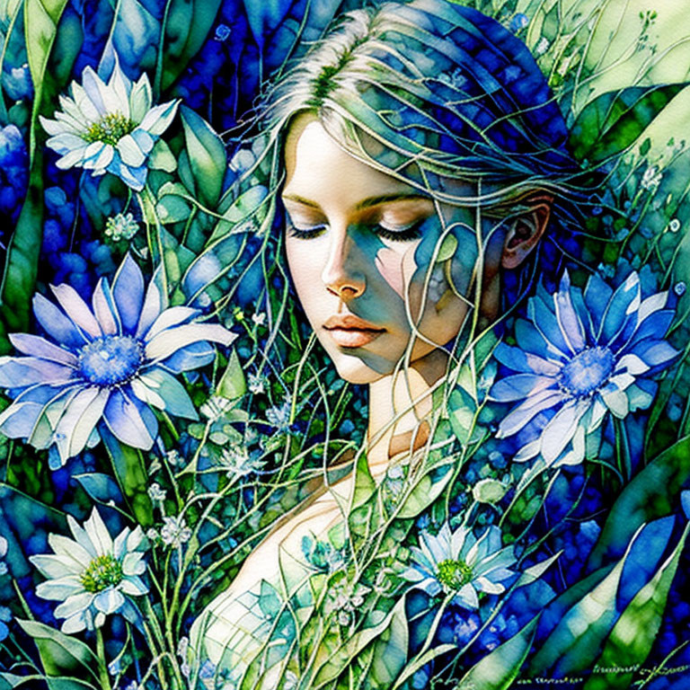 Fantasy illustration: Woman with closed eyes, blue flowers, green foliage