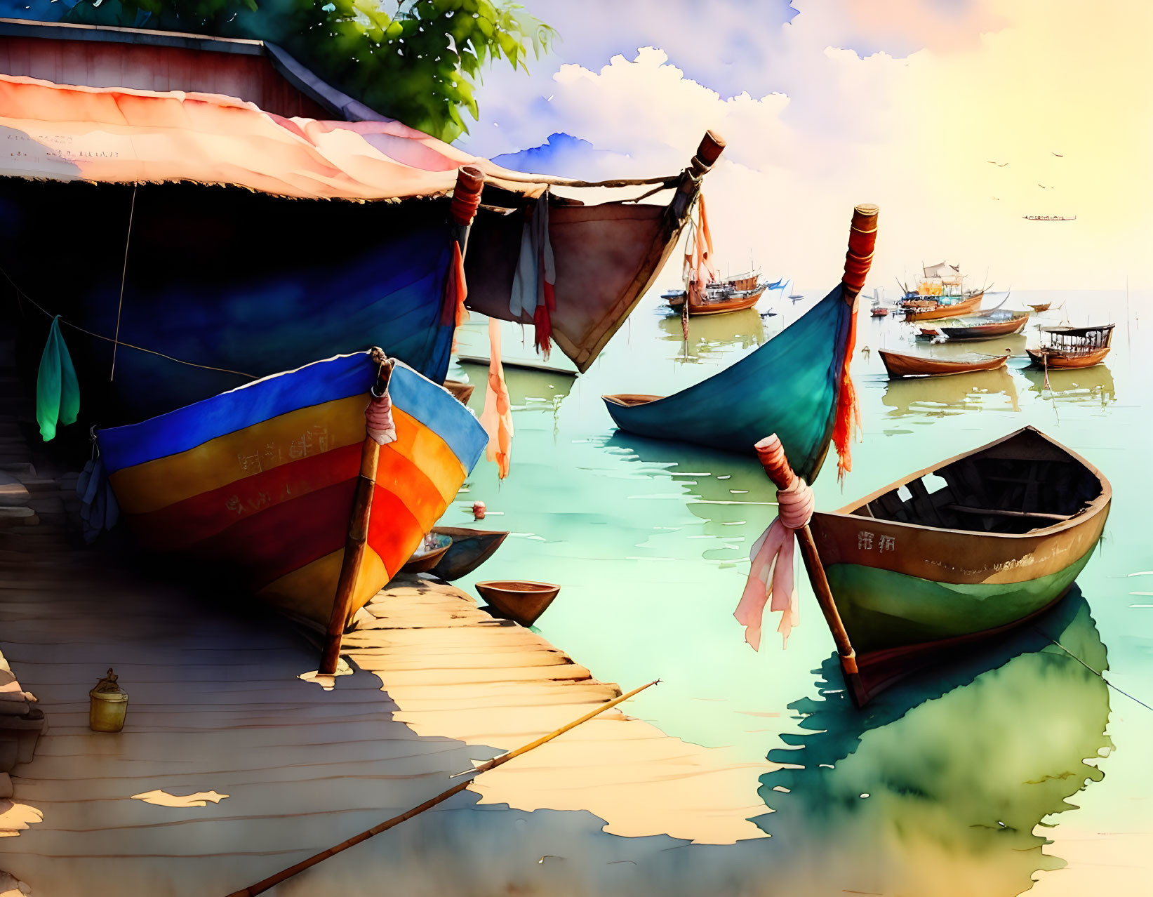 Colorful boats at wooden dock with calm waters and serene sky.