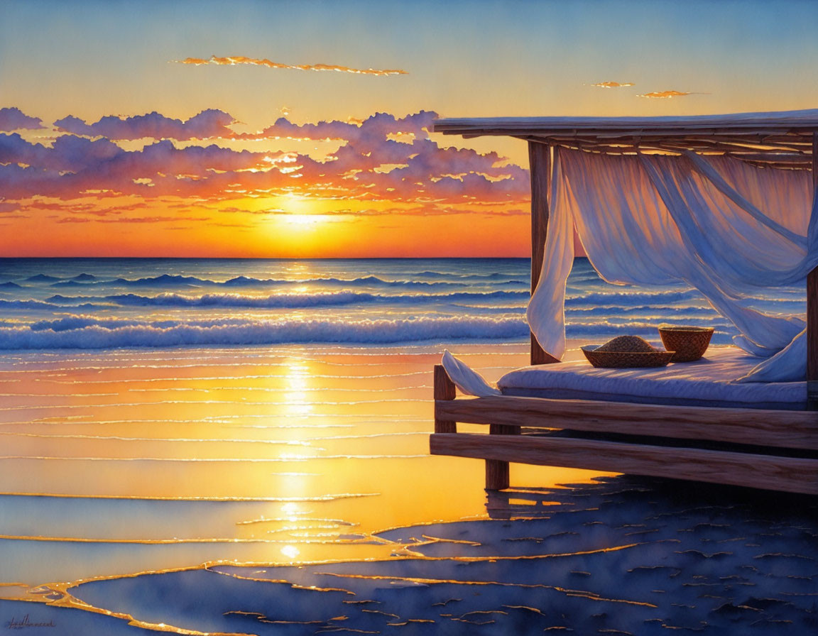 Tranquil sunset beach scene with cozy cabana and curtains